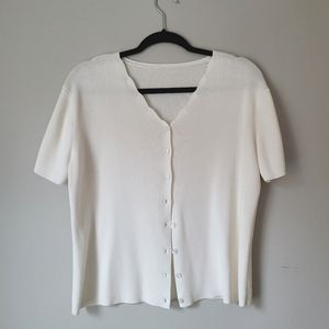 Vintage Ivory Scalloped Cardigan Sweater, Short Sleeve